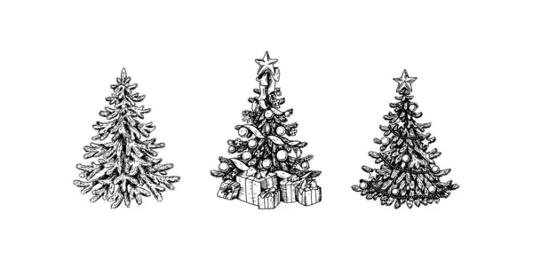 Set Von Handgezeichneten Geschmückten Weihnachtsbäumen Mit Geschenkschachteln Isoliert Auf Weißem — Stockvektor