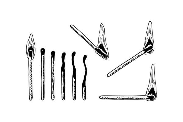 Set Handgetekende Brandende Lucifers Geïsoleerd Witte Achtergrond Vector Illustratie Schets — Stockvector