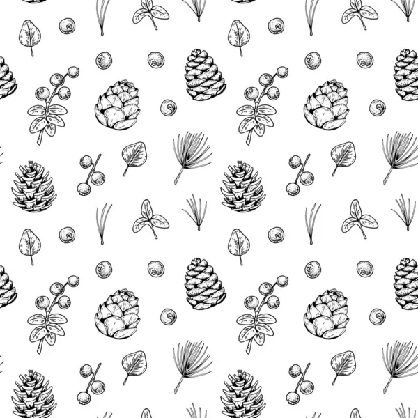 Christmas Seamless Pattern Hand Drawn Evergreen Branches Cones Berries Isolated — Stock Vector