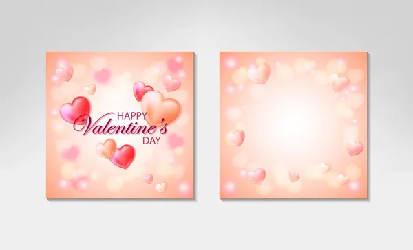 Walentynki Kwadrat Dwie Kartki Życzeniami Romantyczne Wzory Realistycznym Sercem Różowym — Wektor stockowy