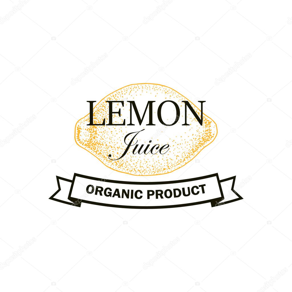 Lemon juice logo with hand drawn element isolated on white background. Vector illustration in vintage style