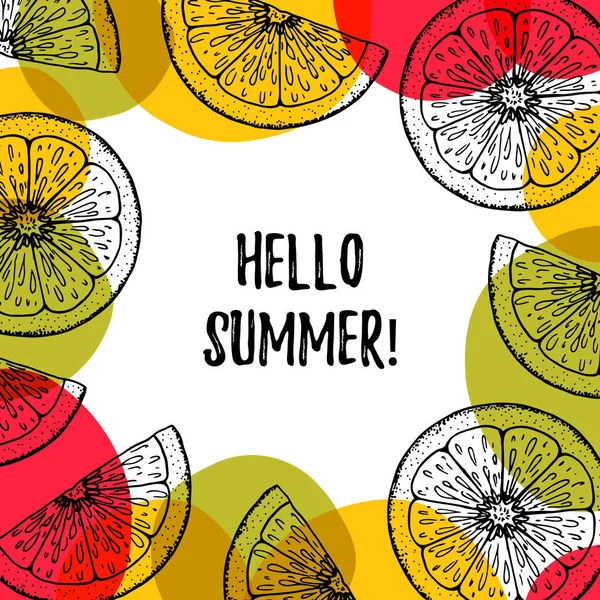 こんにちはレモンスライスと夏のカラフルなバナー 手描きの要素とベクトルイラスト — ストックベクタ