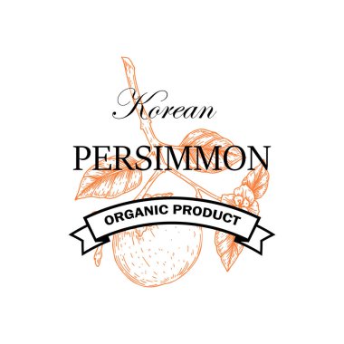 El çizimi elementli hurma meyvesi logosu beyaz arka planda izole edilmiş. Vintage biçiminde vektör illüstrasyonu