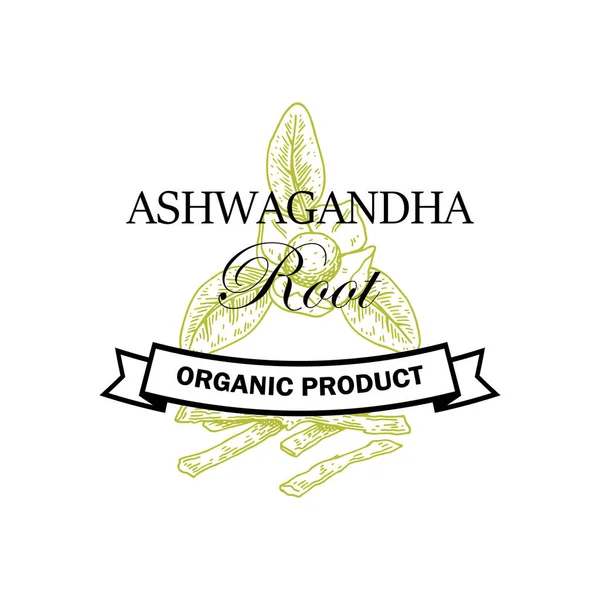 Met Hand Getekend Ashwagandha Logo Geïsoleerd Witte Achtergrond Vector Illustratie — Stockvector