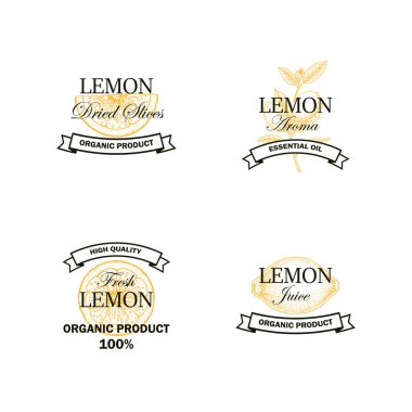 Beyaz arka planda el çizimi elementlerle izole edilmiş limon meyveli logo seti. Vintage biçiminde vektör illüstrasyonu