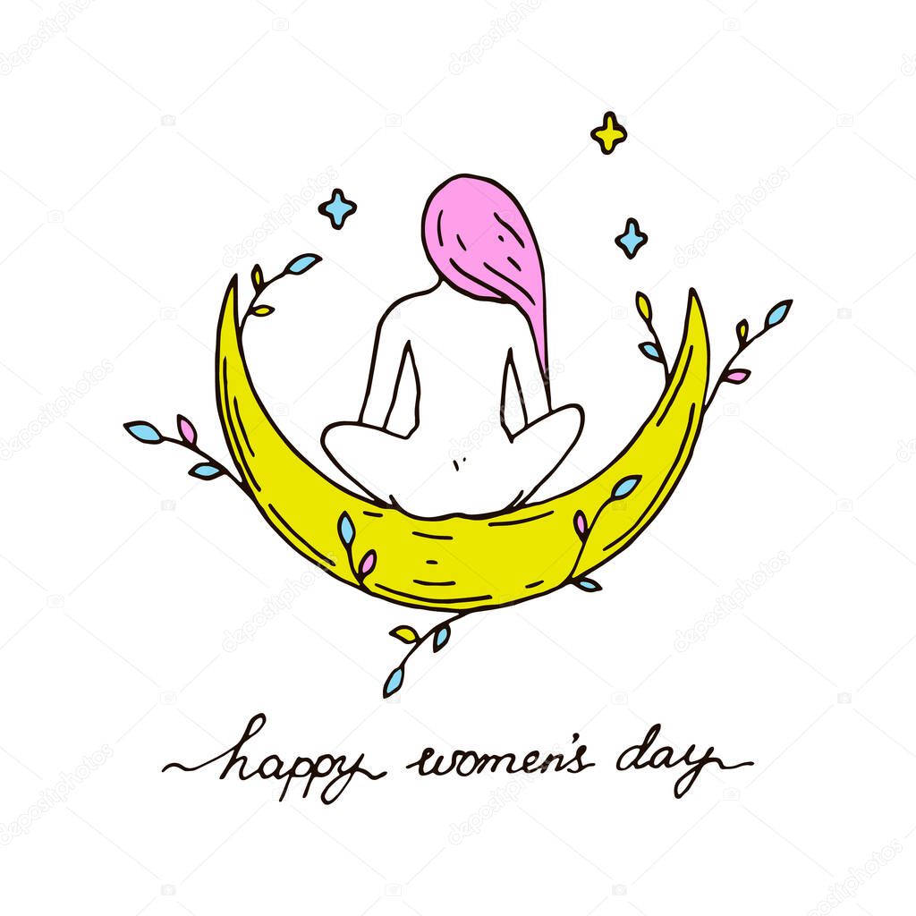 Womans Day greeting card. Woman sitting on a half moon. Hand drawn vector illustration