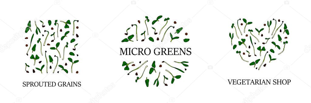 Set of hand drawn micro greens designs. Healthy vegetarian and vegan food design for company logo, print, packages. Vector illustration