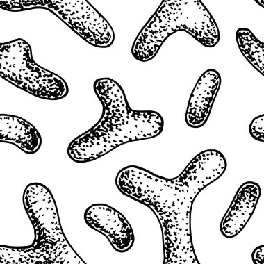 Gerçekçi çizim stilinde bakteriler kusursuz desen oluşturuyor. Elle çizilmiş tıbbi geçmiş. Vektör illüstrasyonu