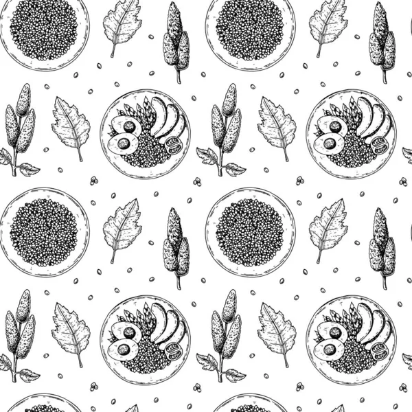 Handgetekend Naadloos Patroon Met Quinoa Kommen Vector Illustratie Schets Stijl — Stockvector