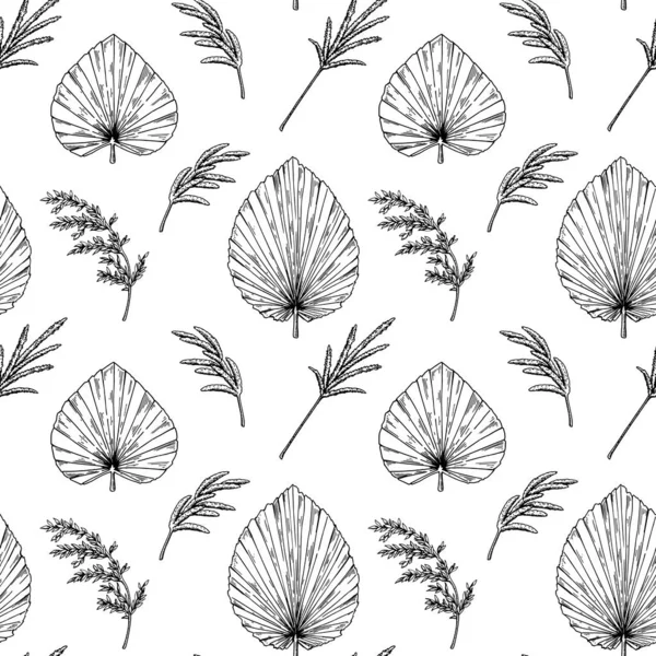 Hand drawn botany seamless pattern with dried palm leaves