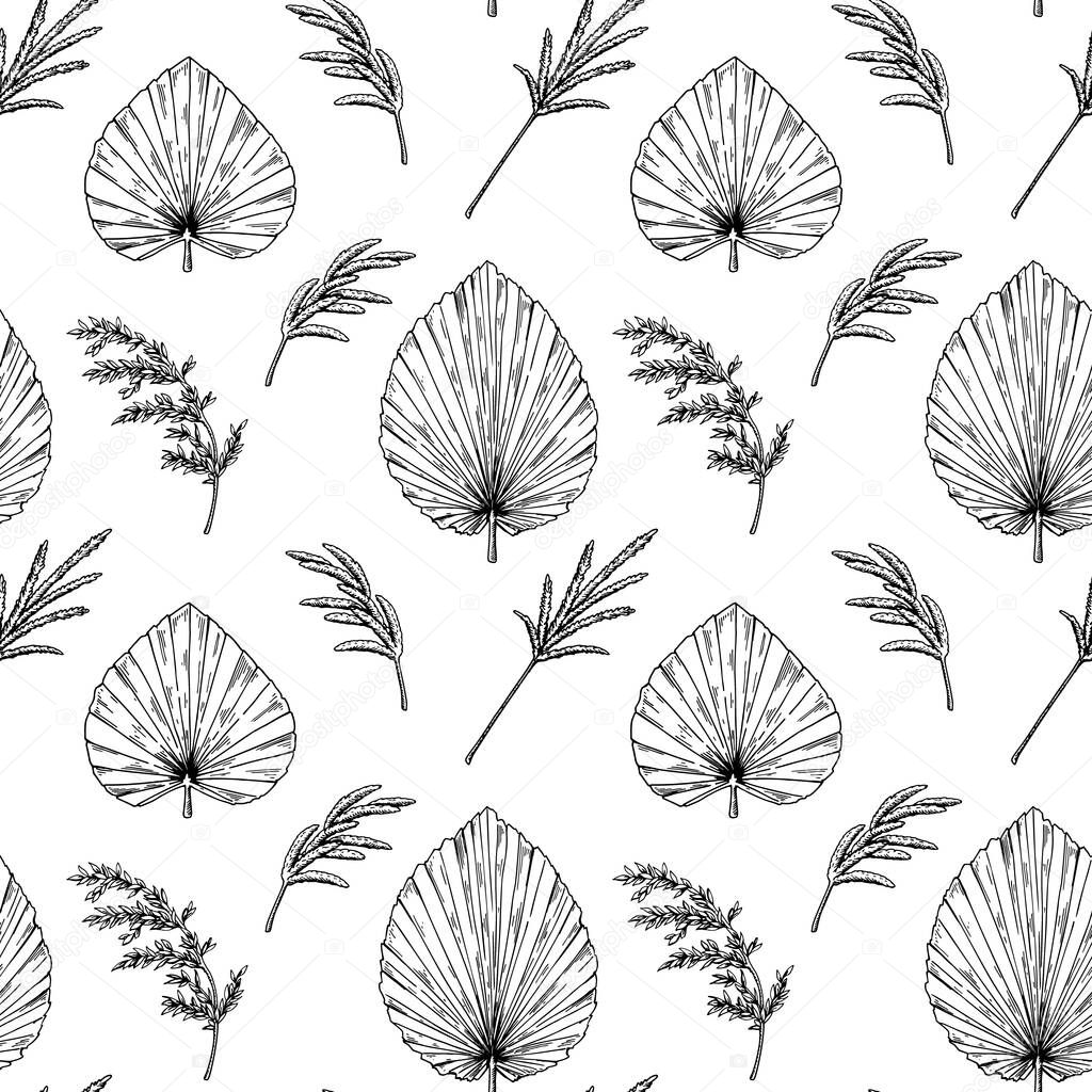 Hand drawn botany seamless pattern with dried palm leaves