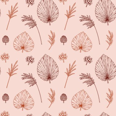 Kurumuş palmiye yaprakları ve otlarla el yapımı botanik deseni. Robot resim tarzında vektör illüstrasyonu. Modern çiçek tasarımı