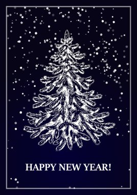 Mutlu Noeller ve mutlu yeni yıl tasarımları, el çizimi Noel ağacı ve koyu mavi arka planda kar. Vektör illüstrasyonu