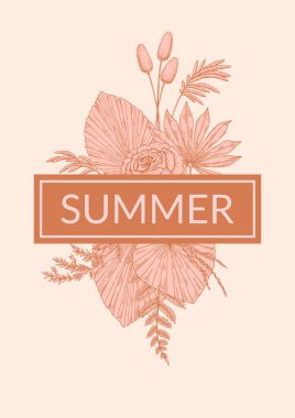 El çizimi botanik elementleriyle yaz aylarında dikey modern çiçek tasarımı