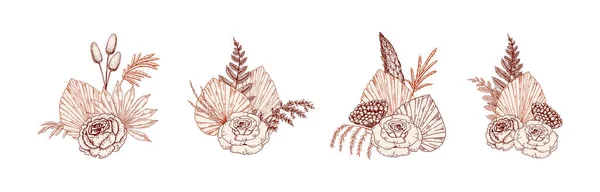 Sada Ručně Kreslených Moderních Květinových Kytic Růžemi Sušenými Palmovými Listy — Stockový vektor