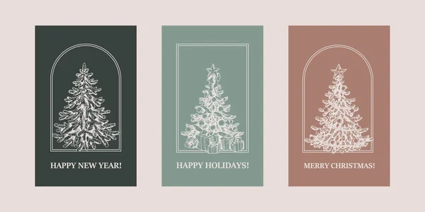 Conjunto Diseños Modernos Navidad Año Nuevo Con Árbol Navidad Dibujado — Vector de stock