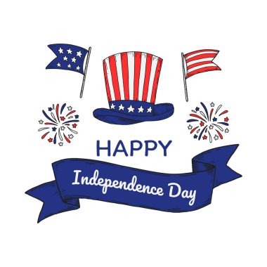 Bayraklı Bağımsızlık Günü tasarımınız kutlu olsun. 4 Temmuz. El çizimi vektör illüstrasyonu