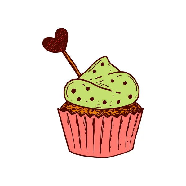 Met Hand Getekende Cupcake Versierd Met Harten Vector Illustratie Ontwerp — Stockvector