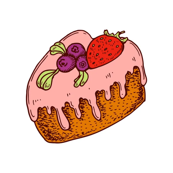 Handgezeichneter Kuchen Herzform Mit Erdbeere Vektorillustration Gestaltungselement Valentinstag — Stockvektor