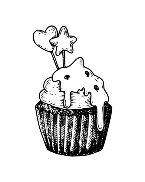 Hand Drawn Cupcake Isolated White Vector Illustration Sketch Style — Stock Vector