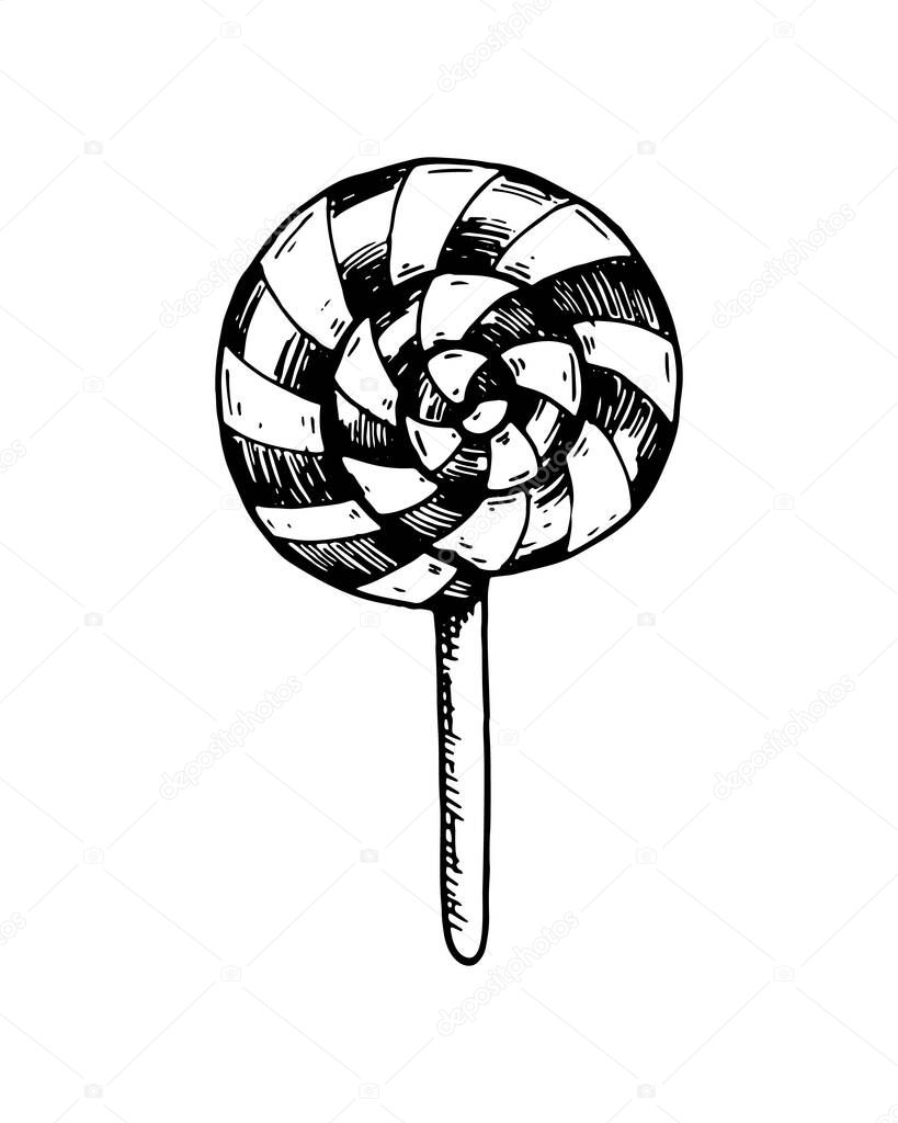 Hand drawn round lollipop isolated on white. Vector illustration in sketch style