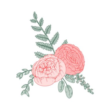 El çizimi çiçekler. Vektör çizimi. Düğün çiçekçisi tasarım elementi