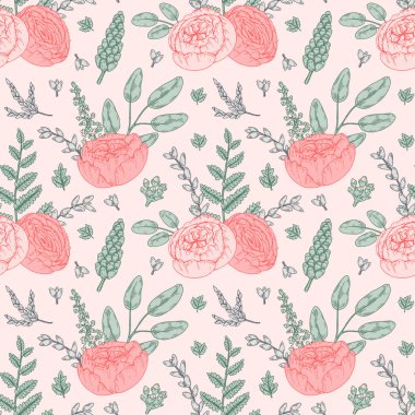 Elle çizilmiş, pürüzsüz, pembe çiçekli botanik deseni. Vektör illüstrasyonu