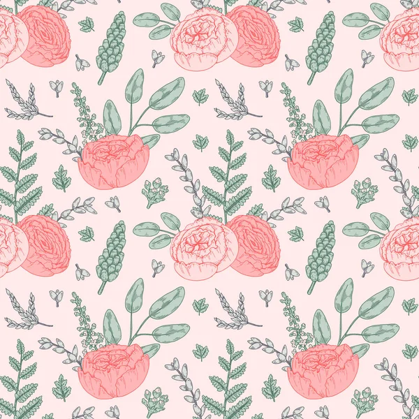 Hand Drawn Botany Seamless Pattern Pink Gentle Flowers Vector Illustration — Vector de stock