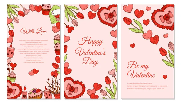 Set Von Valentinstag Vertikale Grußkarte Mit Handgezeichneten Elementen Vorlage Für — Stockvektor