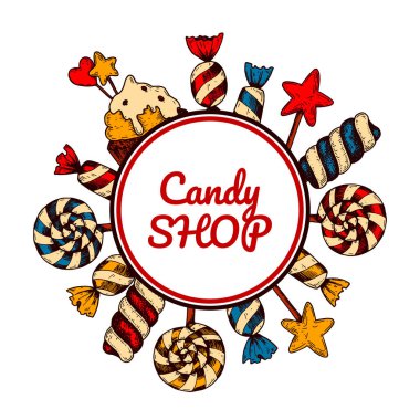 El çizimi şekerci dükkanı tasarımı. Robot resim tarzında vektör illüstrasyonu. Sosyal medya, logo, kartlar, etiketler, broşürler için şablon