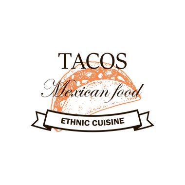 El çizimi taco logosu beyaz arka planda izole edilmiş. Robot resim biçiminde vektör illüstrasyonu