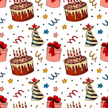 Elle çizilmiş mutlu yıllar, kusursuz desen. Renkli çizim tarzında vektör illüstrasyonu