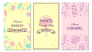 Set of hand drawn Candy shop designs. Vector illustration in sketch style. Template for social media stories, cards, labels, leaflets