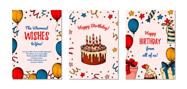 Set Birthday Greeting Cards Hand Drawn Vector Illustration — Stock Vector