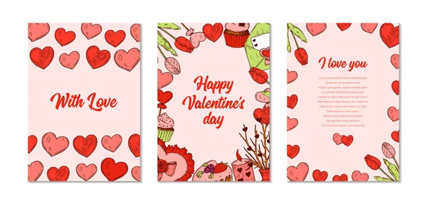 Set Vertikaler Glückwunschkarten Zum Valentinstag Mit Handgezeichneten Elementen Vektorillustration — Stockvektor
