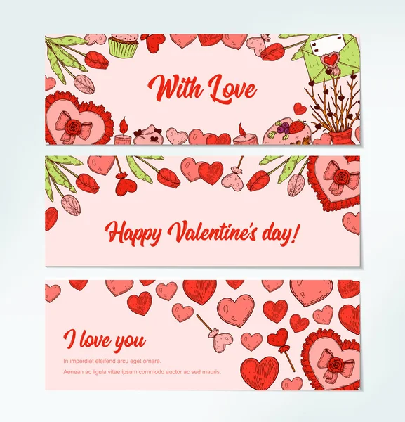 Set Valentines Day Horizontal Greeting Cards Hand Drawn Elements Vector — Stock Vector