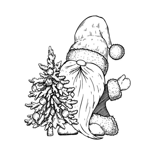 Hand Drawn Christmas Gnome Santa Claus Costume Christmas Tree Vector — Stock Vector