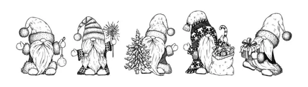 Set Von Handgezeichneten Niedlichen Weihnachtszwergen Vektorillustration Skizzenstil — Stockvektor