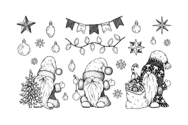 かわいいクリスマスの装飾やノームを描いた手のセット 下絵風のベクターイラスト — ストックベクタ