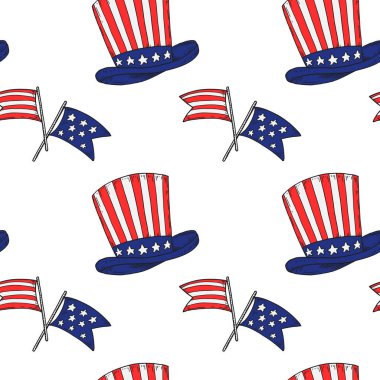 Amerikan bayrakları ve Sam Amca şapkası olan vatansever, kusursuz bir model. Vektör illüstrasyonu