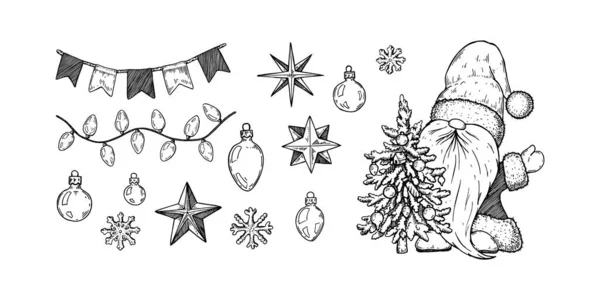 Ručně Kreslený Vánoční Skřítek Kostýmu Santa Clause Vánočním Stromečkem Dekoracemi — Stockový vektor