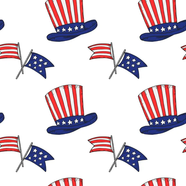 stock vector Patriotic seamless pattern with USA flags and Uncle Sam hat. Vector illustration