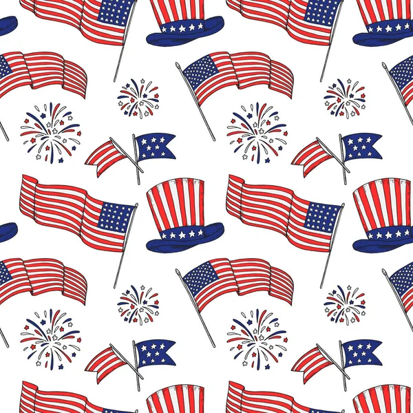 Amerikan bayraklı, havai fişekli, Sam Amca şapkalı vatansever bir model. Vektör illüstrasyonu
