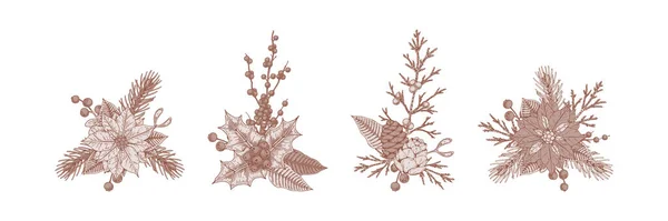Set Van Kerst Bloemen Composities Feestelijke Decorelementen Vector Illustratie Schets — Stockvector