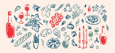 Kırmızı şarap el çizimi kömür, boya fırçası, pastel boyası arka plan. İtalyan, Akdeniz Yunancası, Fransız restoran menüsü tasarımı. Şarap ve istiridye, makarna, İspanyol tapas posteri. Tebeşir üzümü çizimi