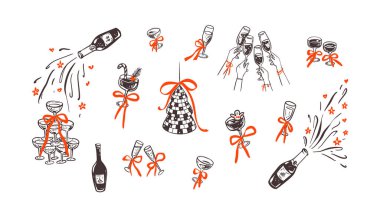 Mutlu Noeller ve mutlu yeni yıl bekarlığa veda partisi şampanya disko partisi. Şampanya kadehleriyle kutlama kadehleriyle el kaldıran insanlar. Tatlı fiyonklu kız kokteyl kulesi. Patlayan şişe.