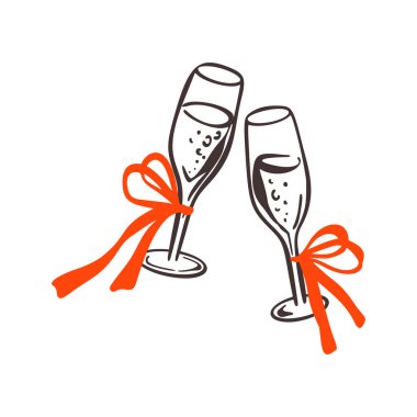 El yapımı pastel boya şampanya kadehleri mutlu yıllar kutlama tostu ikonu. Kırmızı koquettish fiyonklu iki şarap kadehi. Bekarlığa Veda Partisi Davetiye Tasarımı Çizimi