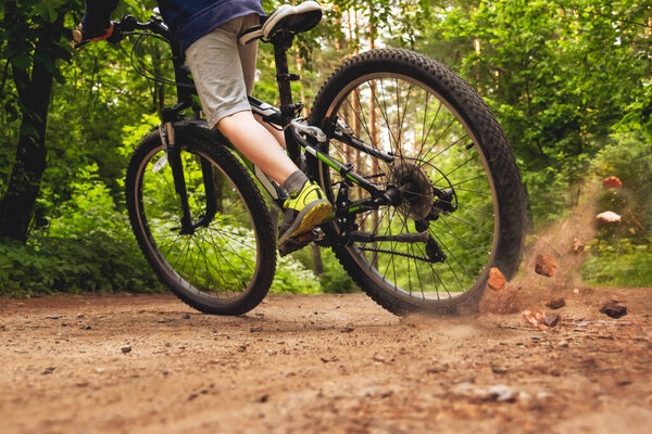 Катался на велосипеде. Вид сзади. Лесной фон размыт в движении.