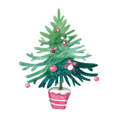 Ağaç, suluboya resim, tebrik kartı yeni yıl, Noel