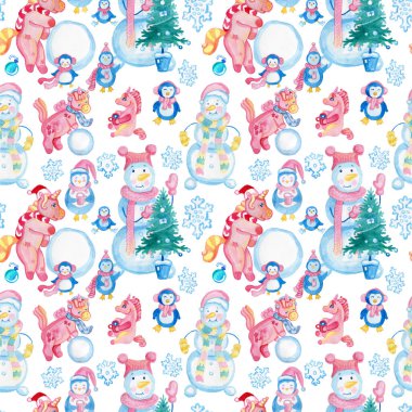 Suluboya şirin Noel çizimleri elle yapılır. Kusursuz desenli Noel ağacı, kardan adam, penguen, hediyeler, tek boynuzlu atlar, kar taneleri